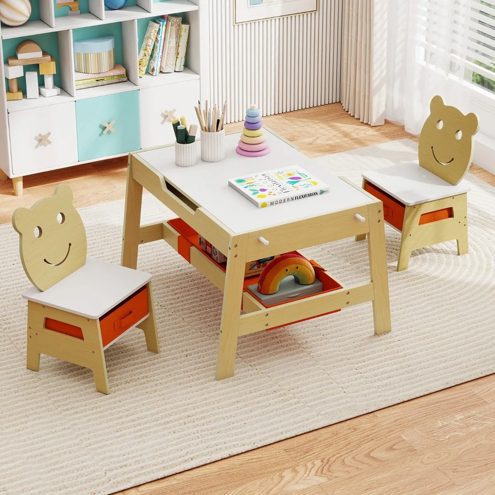 Conjunto de Mesa e 2 cadeiras infantil Secretária 5 em 1 com superfície reversível Quadro branco e preto 4 ganchos Compartimentos Natural