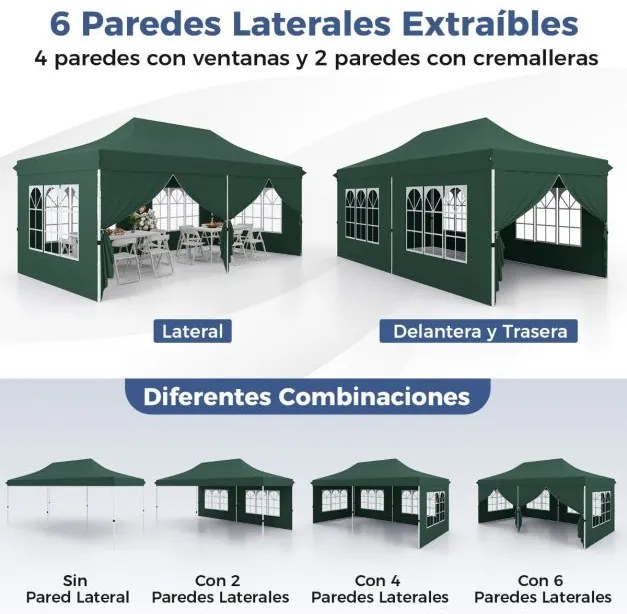 Tenda jardim, festas, eventos de 600 x 300 cm com 6 paredes laterais removíveis, com 6 pesos com bolsa de transporte Verde