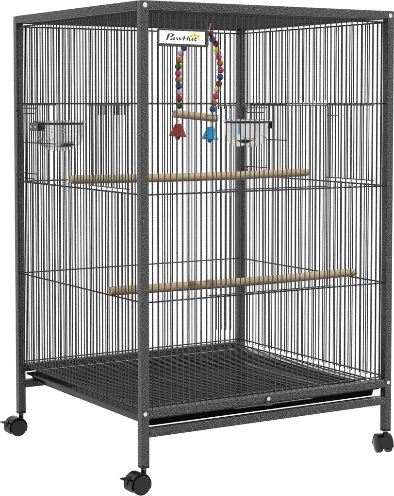 PawHut Gaiola para Pássaros com Rodas Gaiola para Aves com Comedouro Poleiro Baloiço e Bandeja Amovível 48x46x74 cm Cinzento | Aosom Portugal