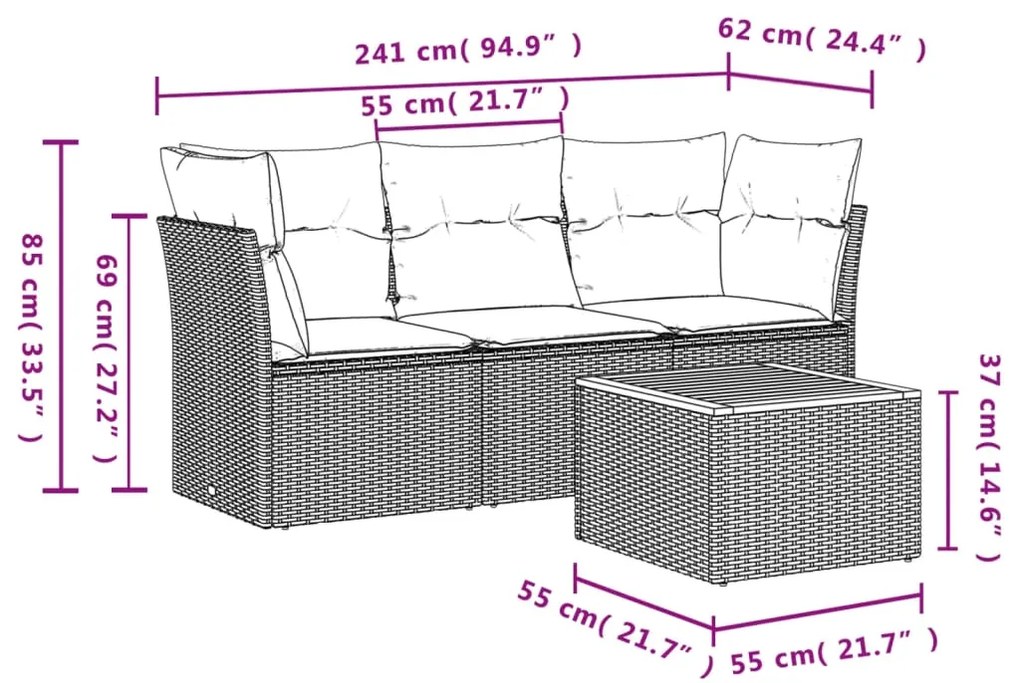 4 pcs conjunto sofás p/ jardim c/ almofadões vime PE cinzento