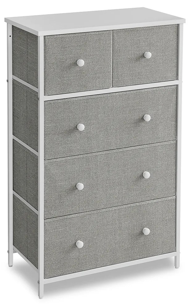 Cómoda com 5 gavetas em tecido e armação em metal 30 x 56 x 93 cm cinzento e branco