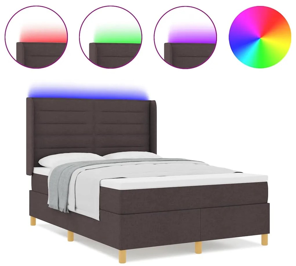 Cama Box Spring com Colchão e LED Castanho Escuro 140x200 cm em Tecido
