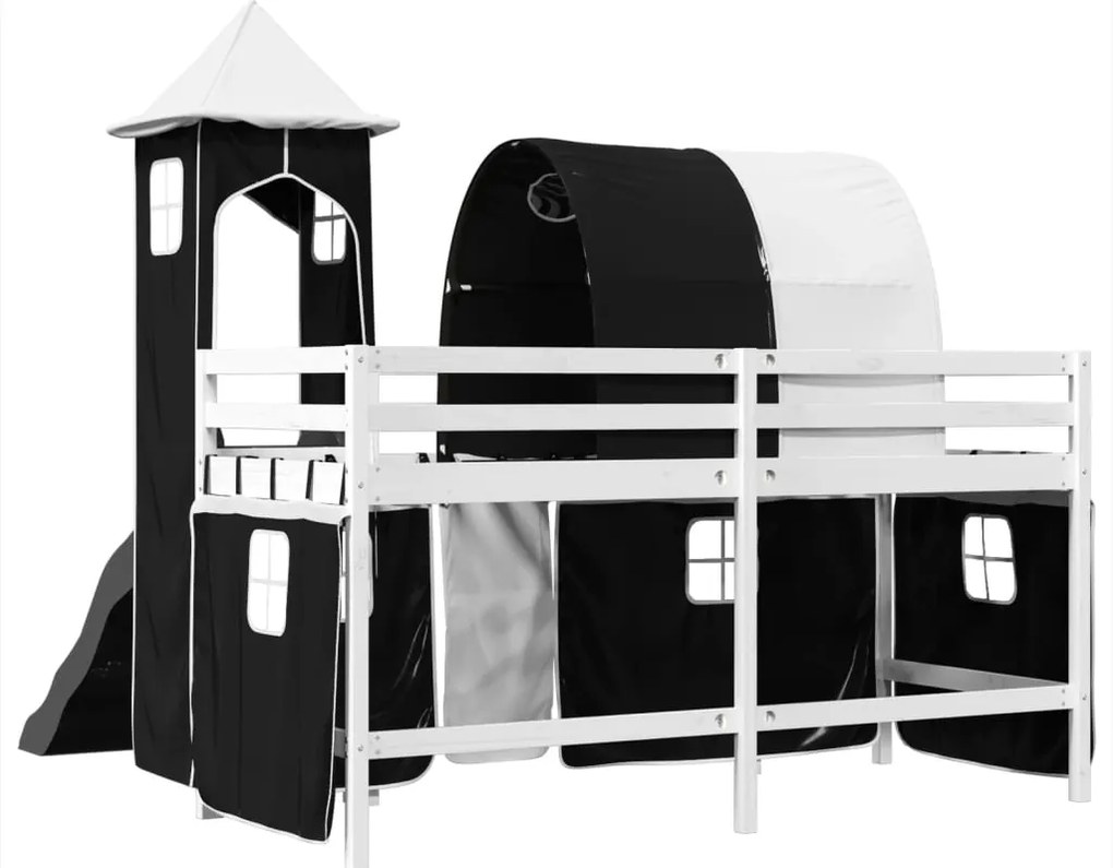 Cama alta criança c/ torre 80x200 cm pinho maciço branco/preto