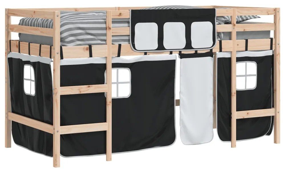 Cama alta criança c/ cortina 80x200cm pinho maciço branco/preto