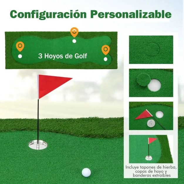 Tapete de treino de golfe profissional com relva artificial realista, 3 buracos, 3 bandeiras e taças de prática de putting 3 x 1 m Verde