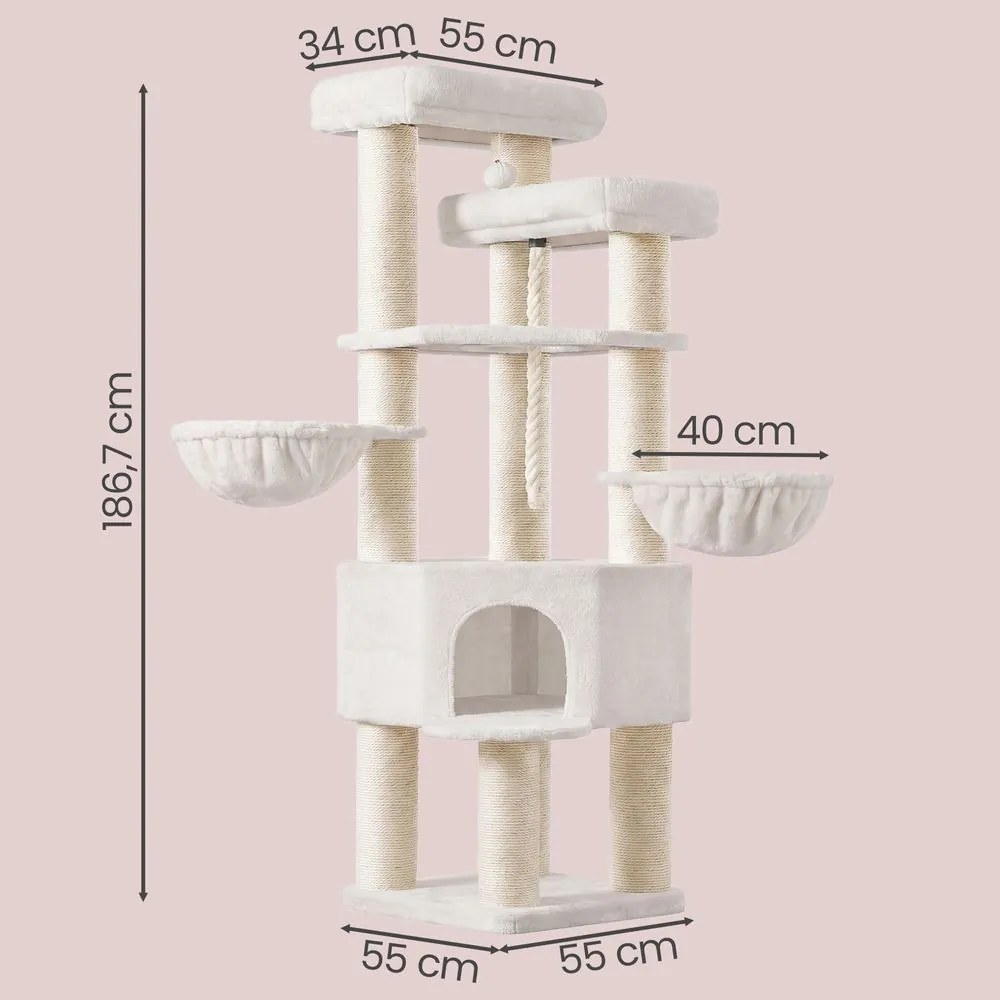 Arranhador para gatos 55 x 55 x 186,7 cm, árvore para gatos de vários andares, troncos grossos de sisal Branco creme