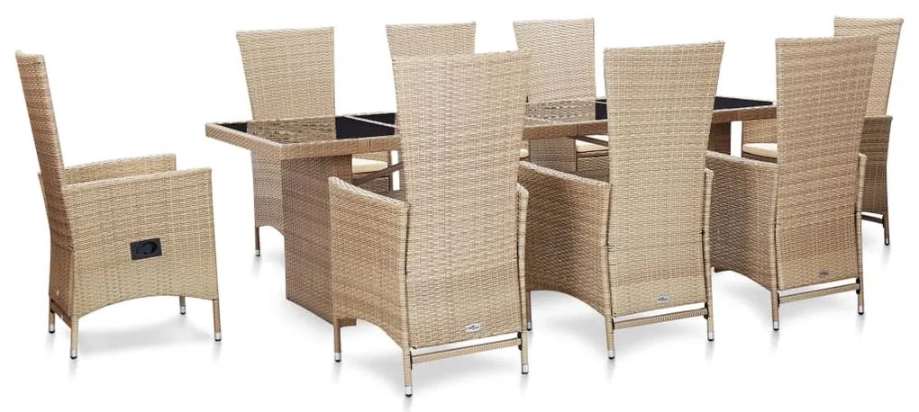 vidaXL 9 pcs conjunto jantar exterior com almofadões vime PE bege