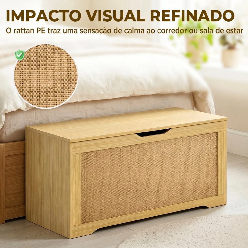 Baú de Arrumação 136L com Painel de Ratã e Tampa com Braços de Apoio, 100x40x45 cm, Carvalho