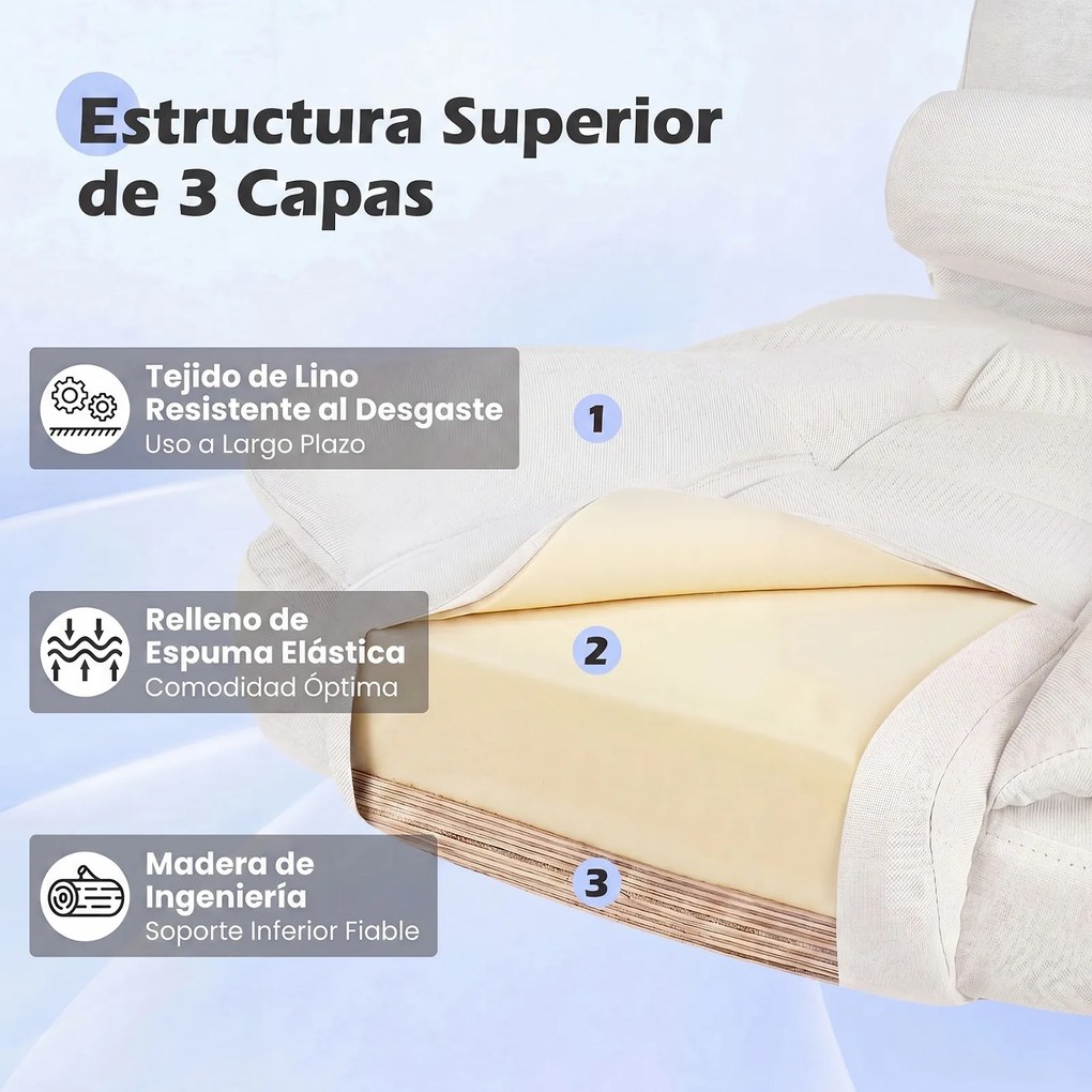 Cadeira de Escritório Ergonómica, 66 x 59-98 x 108-118 cm, Encosto Reclinável de 90-135°, Bege