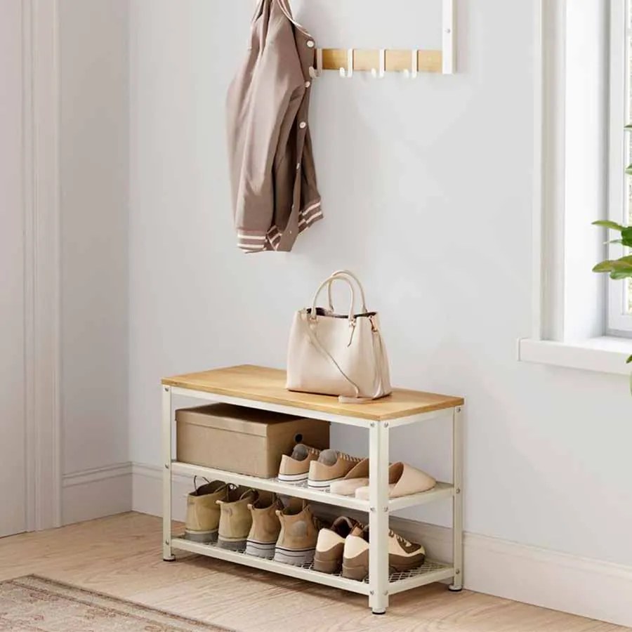 Banco para sapatos com 2 prateleiras 30 x 73 x 45 cm bege - branco