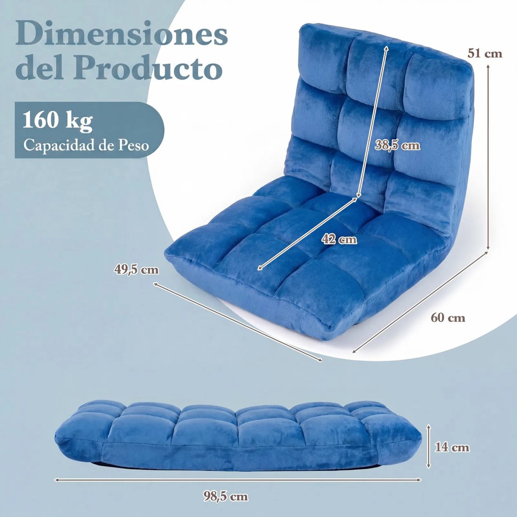 Sofá de chão dobrável 60 x 49,5 x 51 cm com encosto de 14 posições e enchimento de espuma macia para meditação, leitura e yoga Azul Real