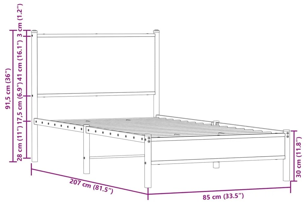 Estrutura de cama com cabeceira 80x200 cm metal carvalho fumado