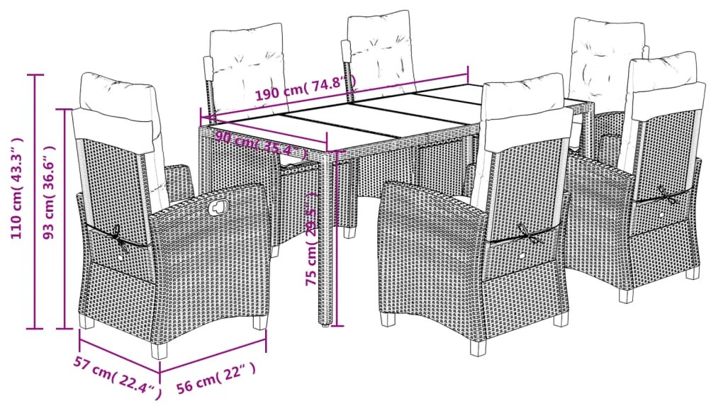 7 pcs conjunto de jantar p/ jardim c/ almofadões vime PE cinza