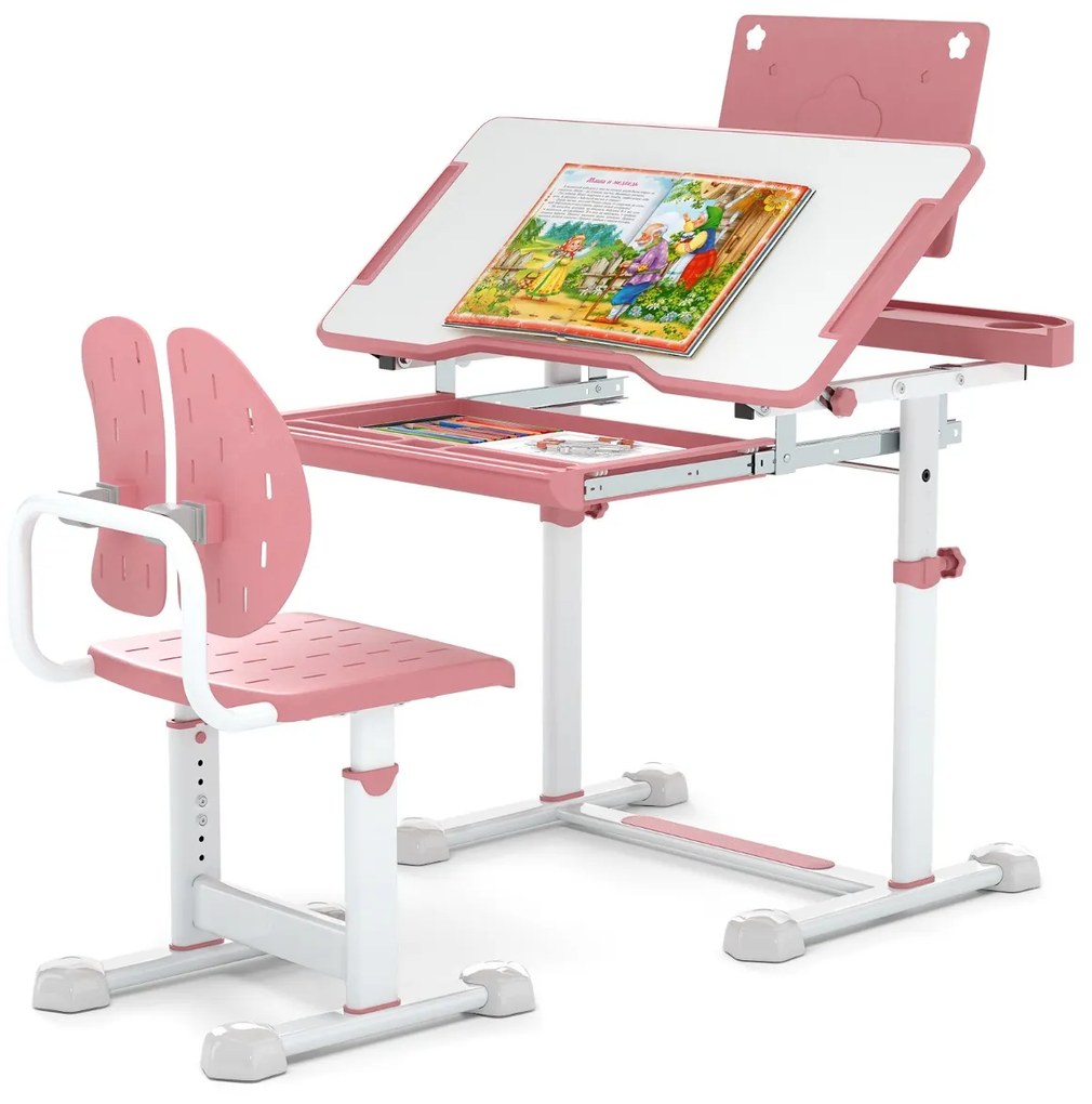 Conjunto de secretária e cadeira para crianças com altura ajustável, tampo inclinável, porta-copos, gaveta e cadeira ergonómica rosa