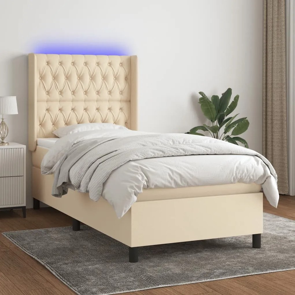 Cama box spring c/ colchão e LED 90x190 cm tecido cor creme