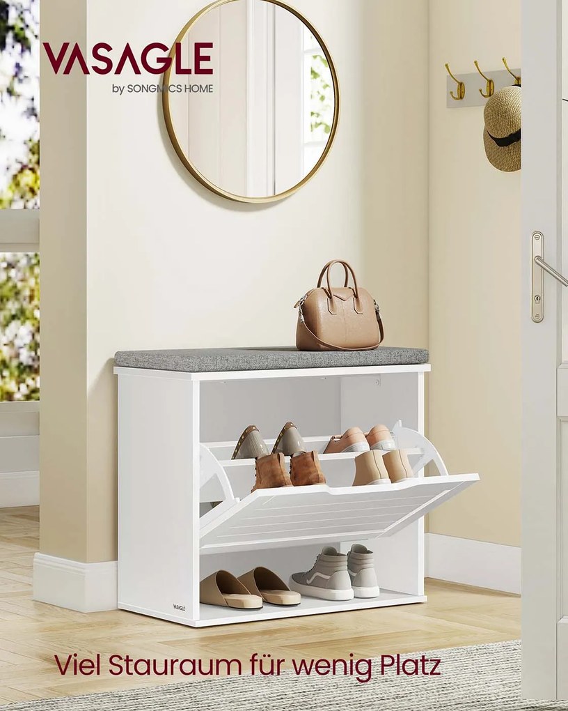 Banco para sapatos com almofada 30 x 60 x 53,5 cm, compartimento rebatível e divisória ajustável Branco-Cinzento