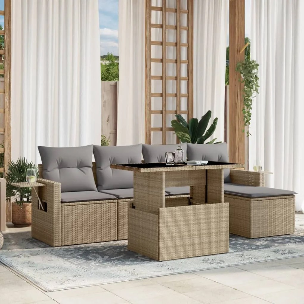 6 pcs conjunto de sofás p/ jardim com almofadões vime PE bege