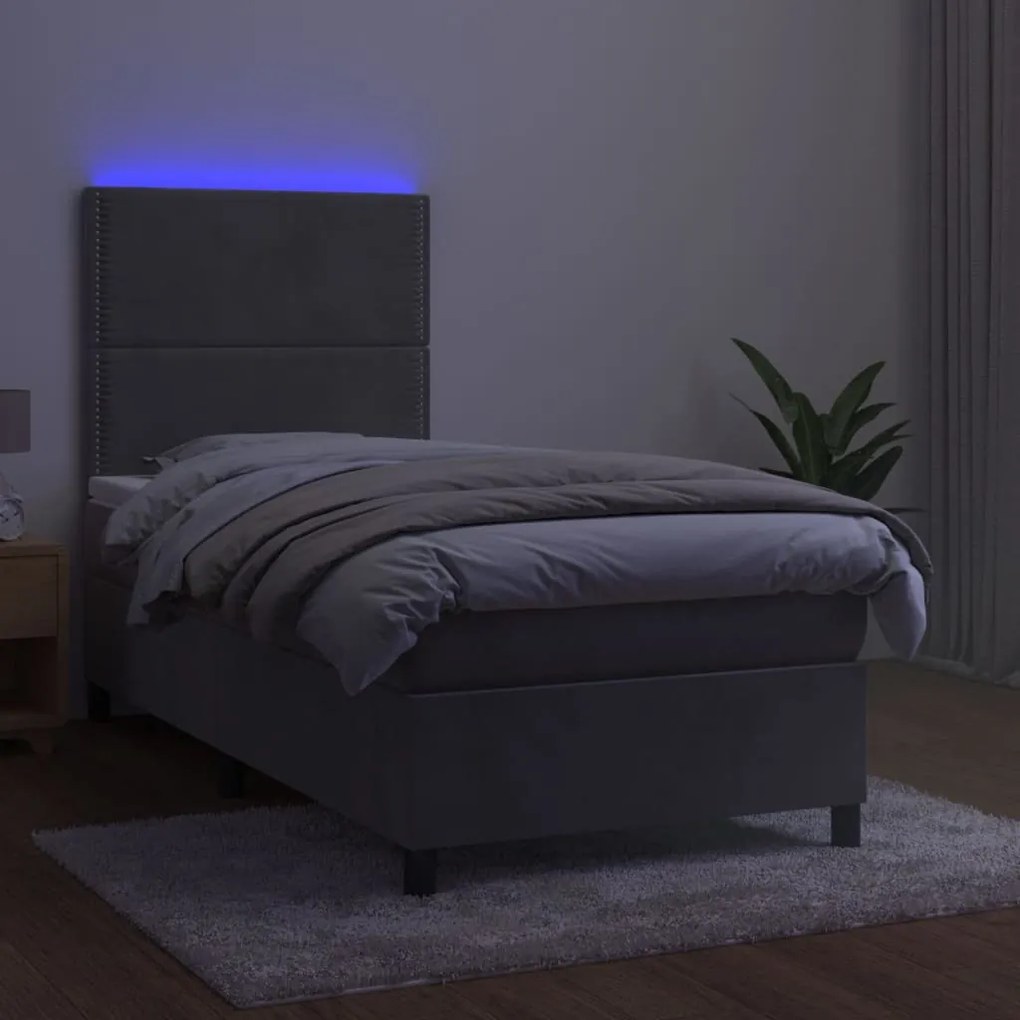 Cama box spring c/ colchão/LED 90x200 cm veludo cinzento-claro