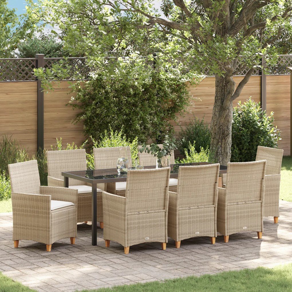 vidaXL Conjunto de Jantar de Jardim com 9 Peças e Almofadas Bege Vime PE