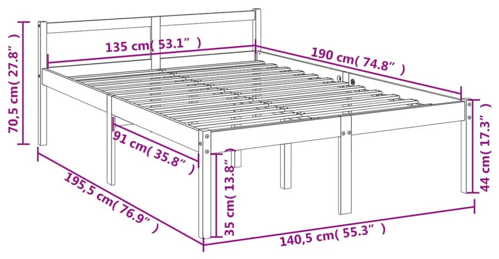 Estrutura de cama casal 135x190 cm pinho maciço branco