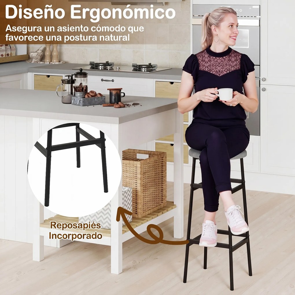 Conjunto de 2 Bancos de Bar Redondos, 33,5 x 73 cm, Assento Estofado, Cinzento