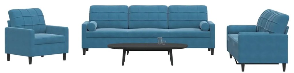3 pcs conjunto de sofás com almofadões e rolos veludo azul