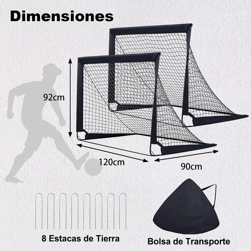 Conjunto de 2 Balizas de Futebol Dobráveis, 120 x 90 x 92 cm, com Estacas de Fixação, Preto