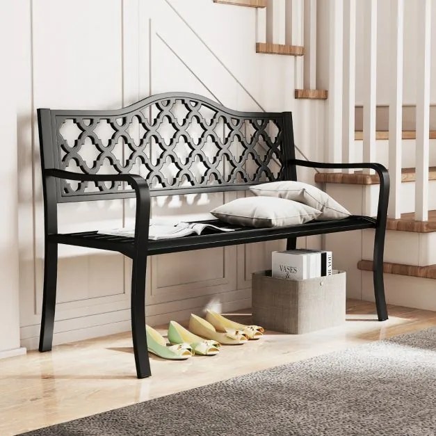 Banco de jardim em metal 54 x 128 x 89 cm com ripas para 2-3 pessoas com braços curvos Assento para varanda Piscina Preto