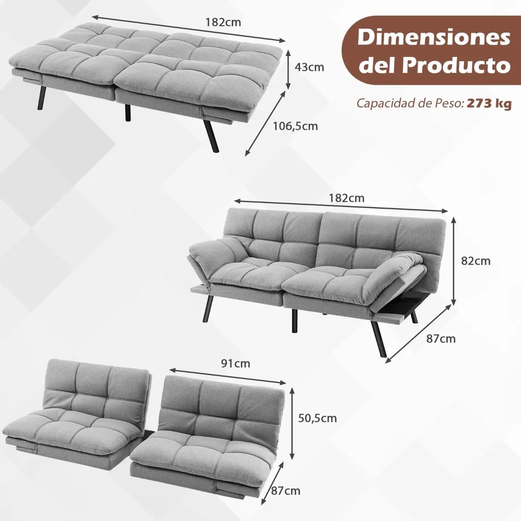 Sofá-cama conversível dobrável Futon de 3 lugares com encosto e apoios de braços ajustáveis para casa e escritório Cinzento