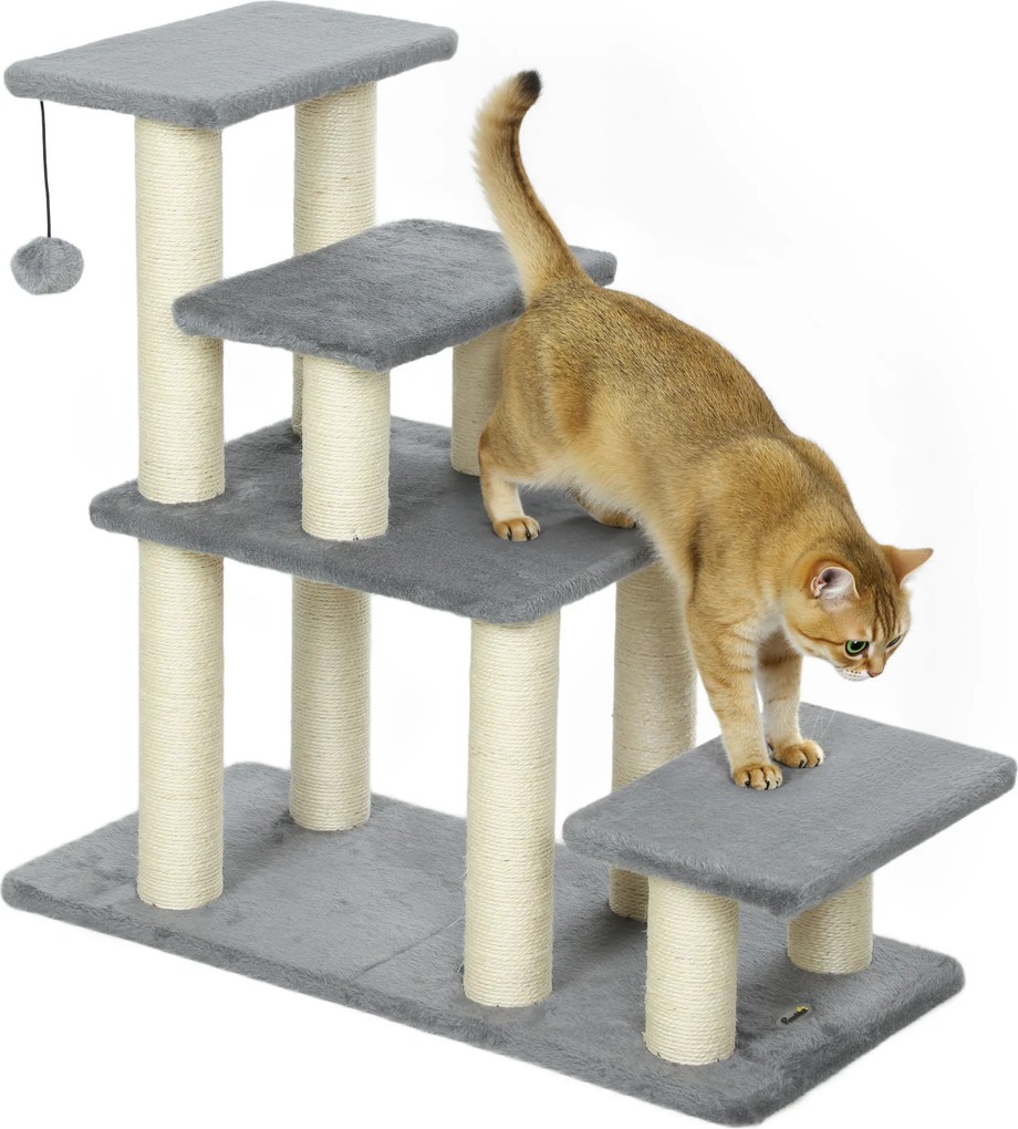 Escada ajustável para animais de estimação com 3/4 degraus, escada para gatos e cães com arranhadores de sisal, 70 x 32 x 68 cm, cinzenta