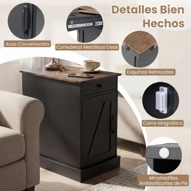 Conjunto de 2 mesas cabeçeira, mesas apoio 35 x 60 x 62 cm com estação de carregamento e armazenamento, gaveta, estante ajustável e bandeja removível,