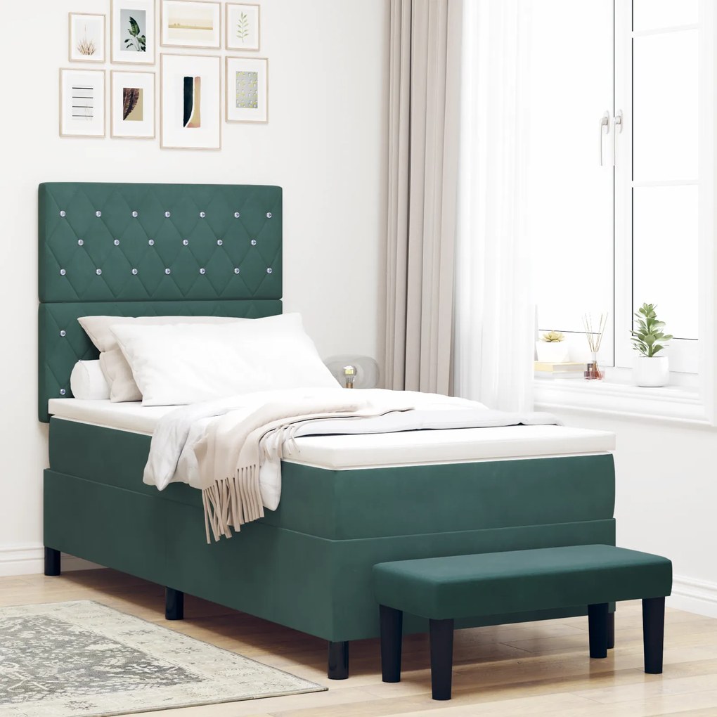 vidaXL Cama Box Spring com Colchão e Banco Verde Escuro 90x200 cm Veludo