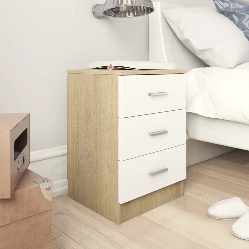 vidaXL Mesa de cabeceira 38x35x56 cm contrap. branco/carvalho sonoma