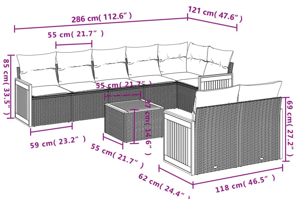 9 pcs conjunto sofás p/ jardim com almofadões vime PE cinzento