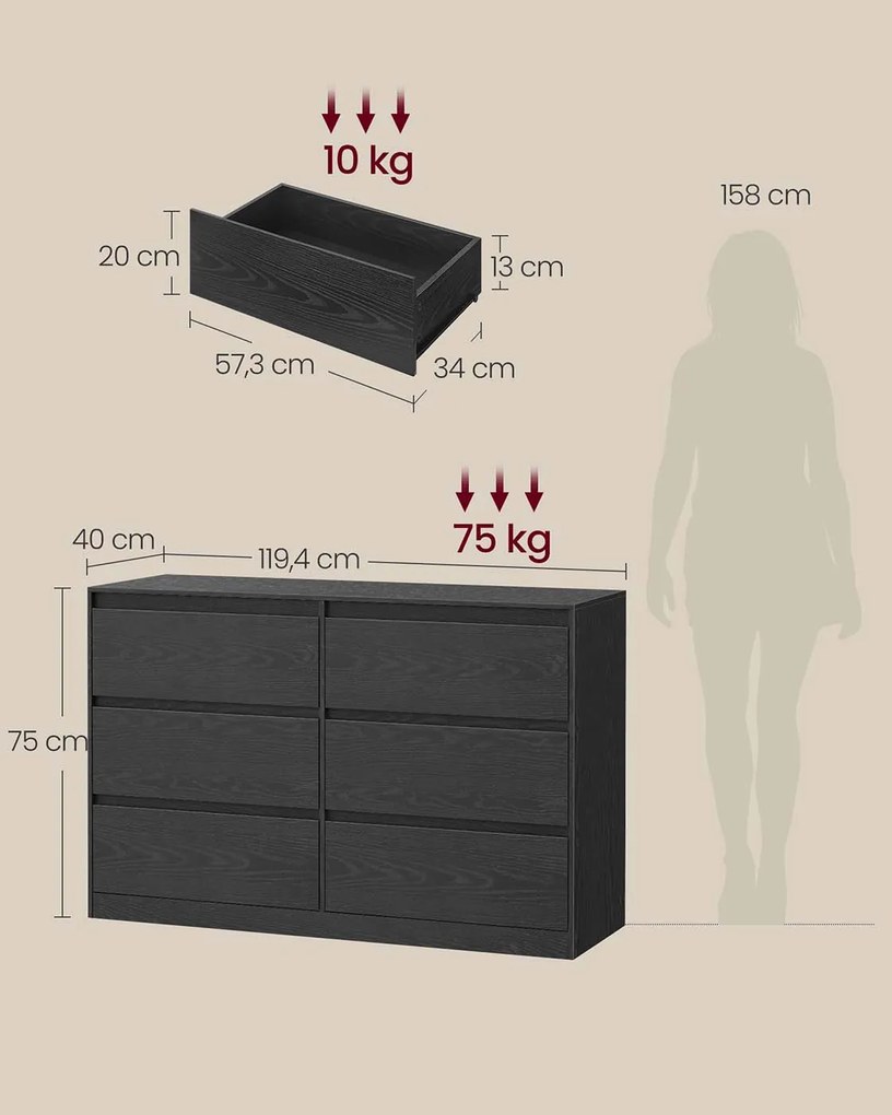 Cómoda Kailyn com seis gavetas para quarto 40 x 119,4 x 75 cm Preto