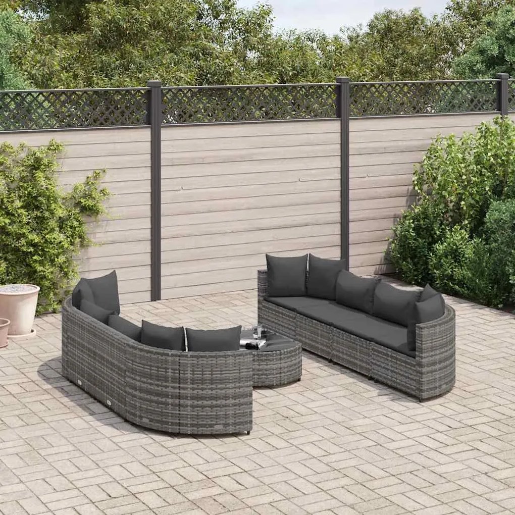 vidaXL 9 pcs conjunto sofás p/ jardim com almofadões vime PE cinzento