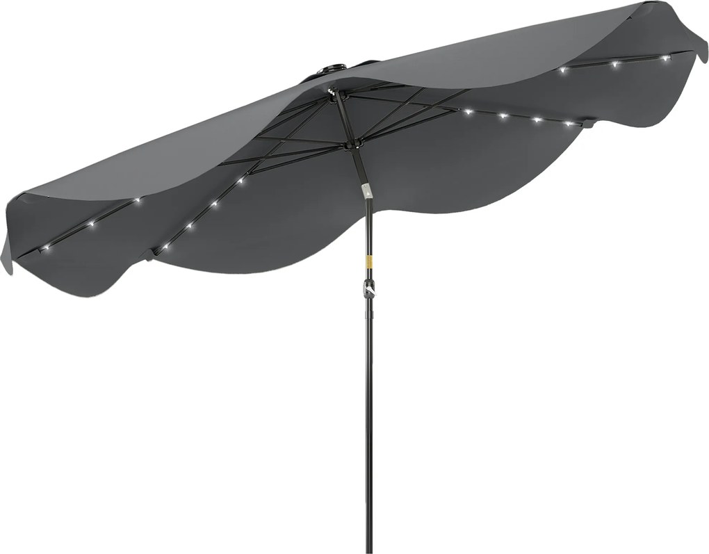 Outsunny Guarda Sol Jardim Ø292x248 cm Chapéu Sol Manivela Luzes LED Solares 8 Hastes Resistente Intempéries Cinza Escuro | Aosom Portugal