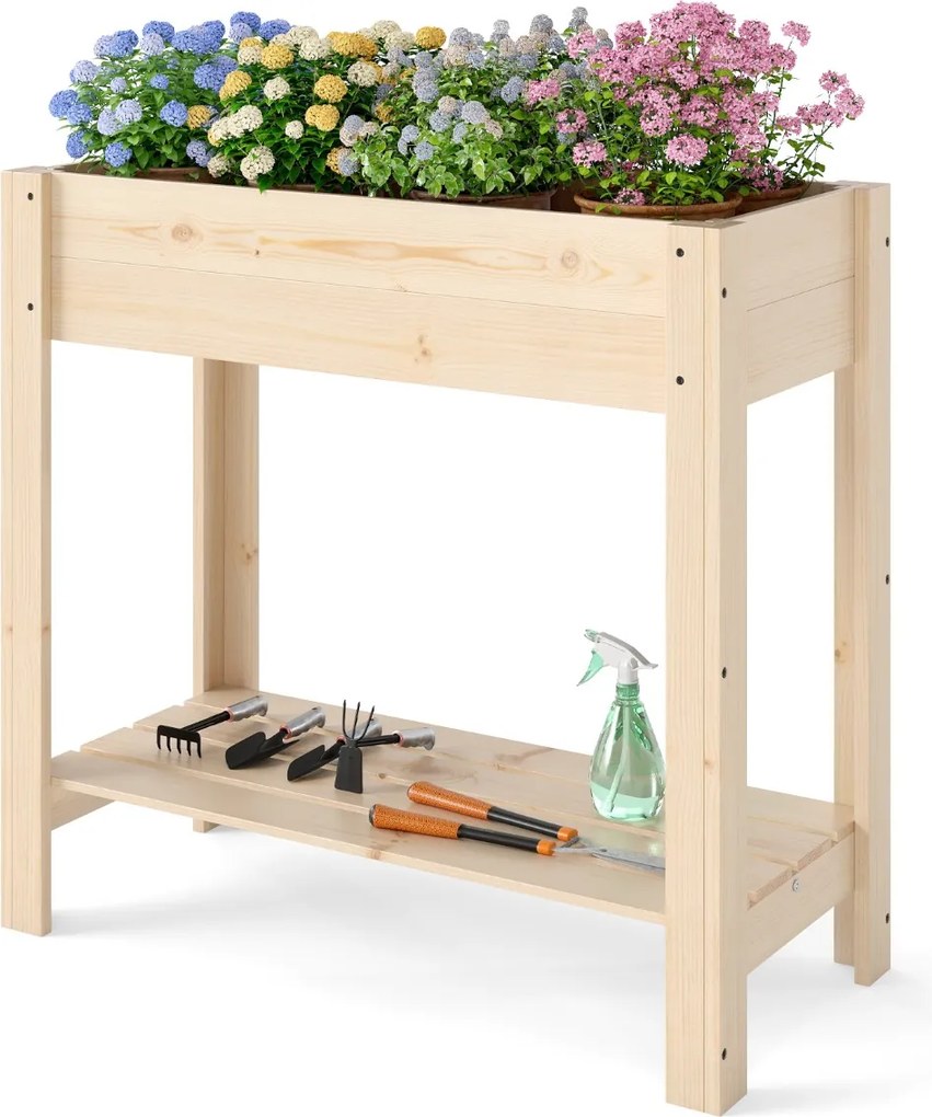 Floreira de Jardim 81 x 37 x 77 cm Elevada de Madeira com Pernas Floreira Elevada com Estante Drenagem Caixa de Plantação Interior e Exterior Floreira