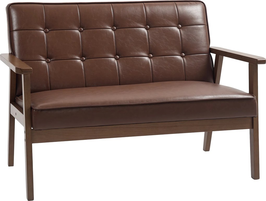 HOMCOM Sofá de 2 Lugares Estofado em Couro PU com Apoio para os Braços de Madeira para Sala de Estar Dormitório115x70x81 cm Castanho | Aosom Portugal
