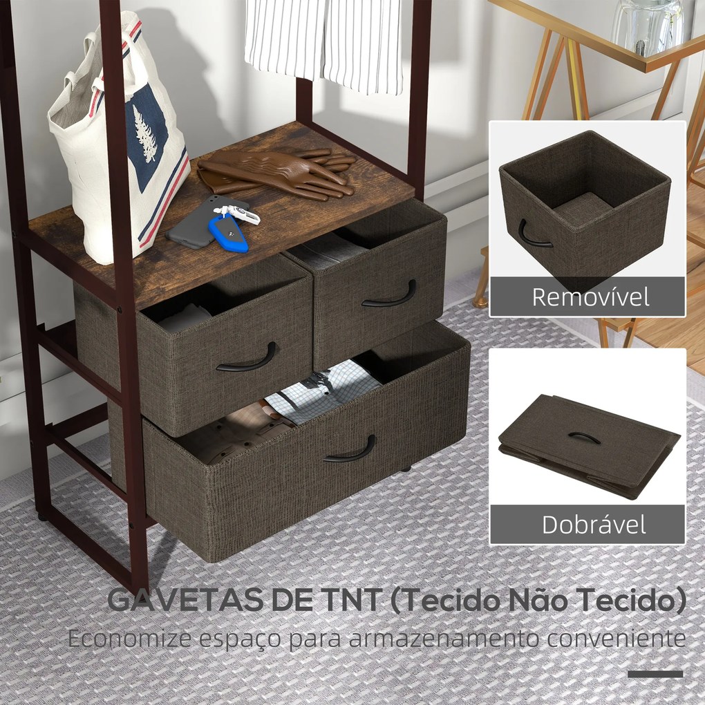 Suporte para Cabides com 3 Gavetas de Tecido Barra para Pendurar e Prateleira para Entrada Quarto 58,5x30x178 cm Castanho Rústico