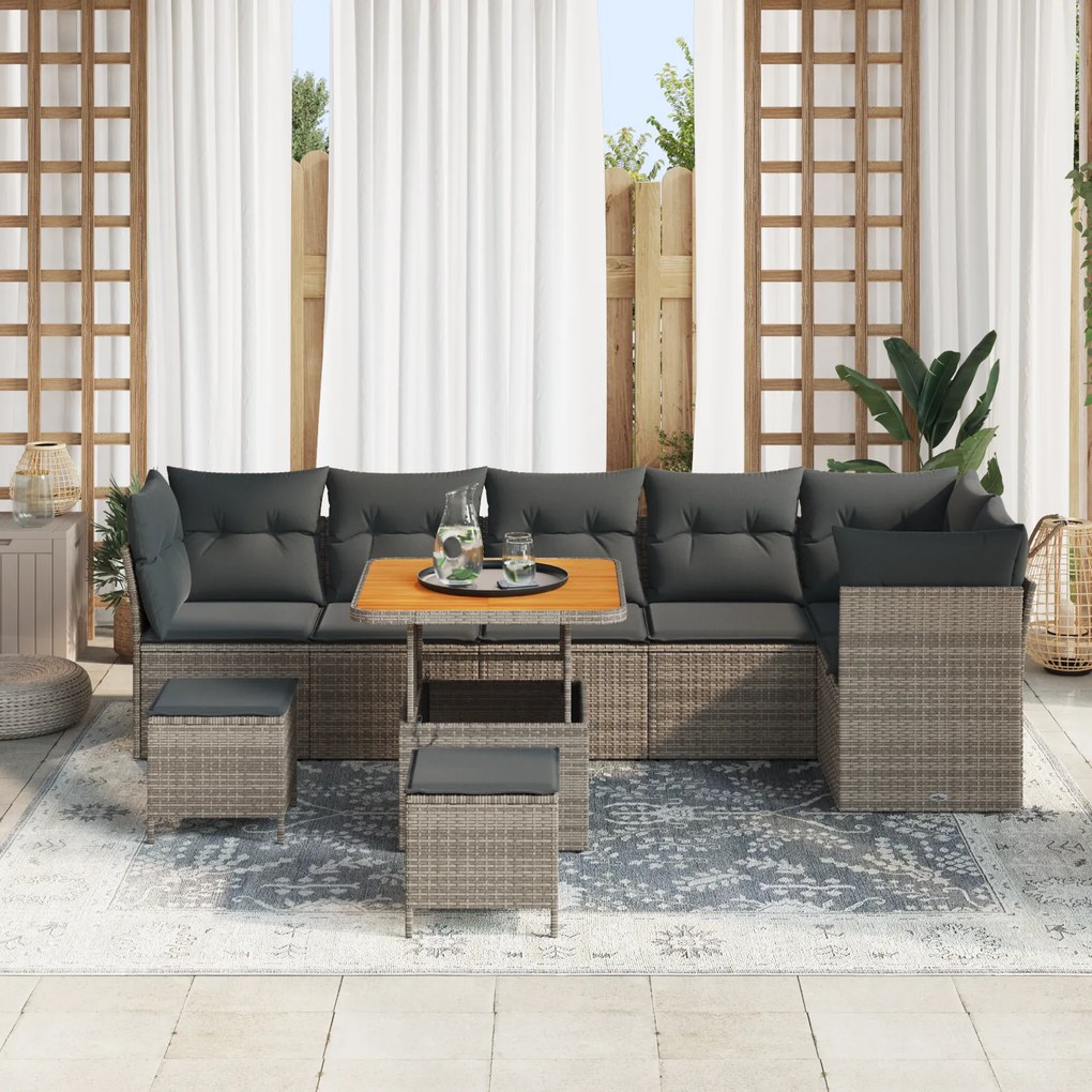 Conjunto de Sofá de Jardim de 9 Peças com Almofadas Cinzas em Rattan P