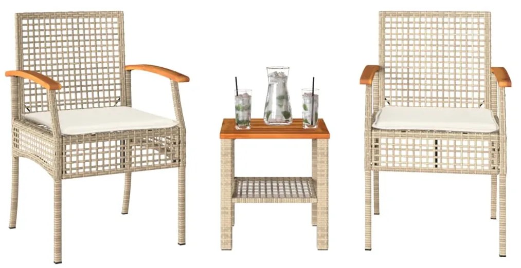 vidaXL Conjunto de bistrô com almofadões 3 pcs vime PE e acácia bege
