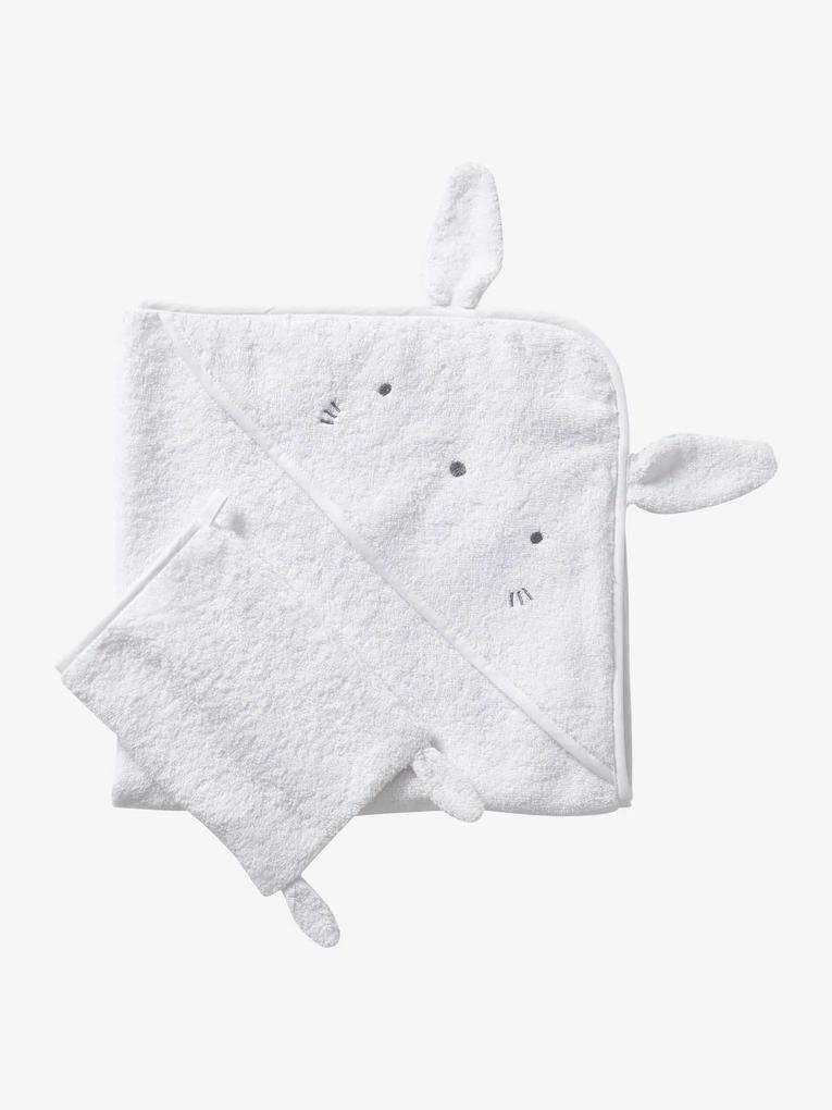 Capa de banho + luva, em algodão bio branco claro liso