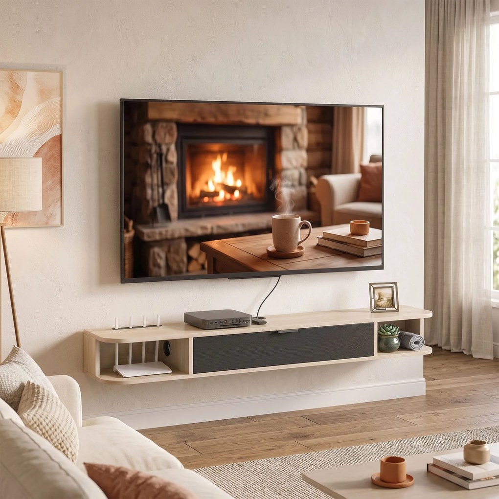 Móvel de TV suspenso 140 x 24 x 16 cm, móvel para televisores até 60 polegadas, gaveta rebatível, 2 prateleiras, madeira cor natural e preto