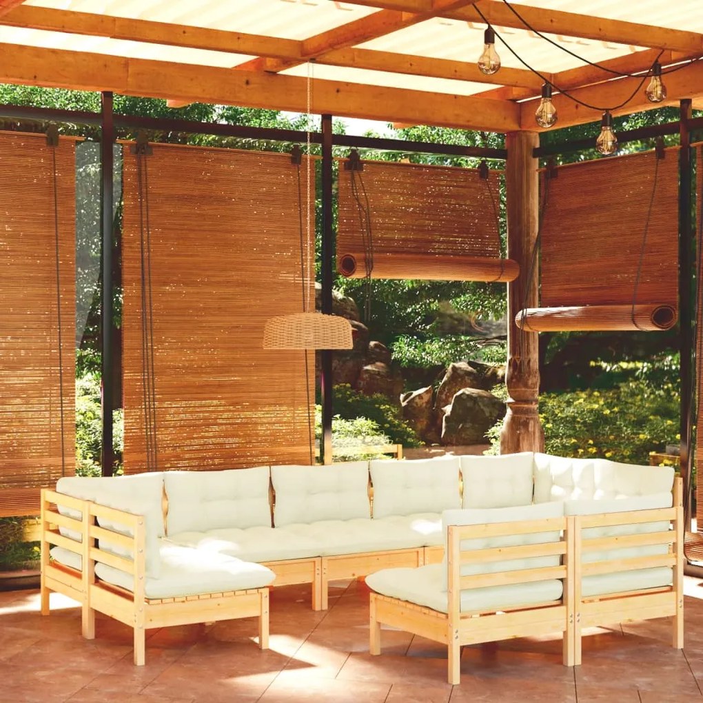 vidaXL 9 pcs conjunto lounge jardim c/ almofadões creme pinho maciço