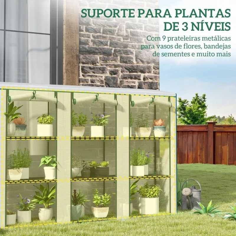 Estufa Pequena com Prateleiras de 3 Níveis Portas com Fecho de Correr Estufa para Cultivar 215x46x151 cm Branco