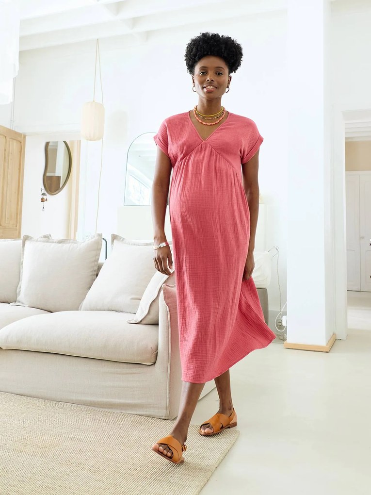 Vestido comprido de gravidez e amamentação rosa