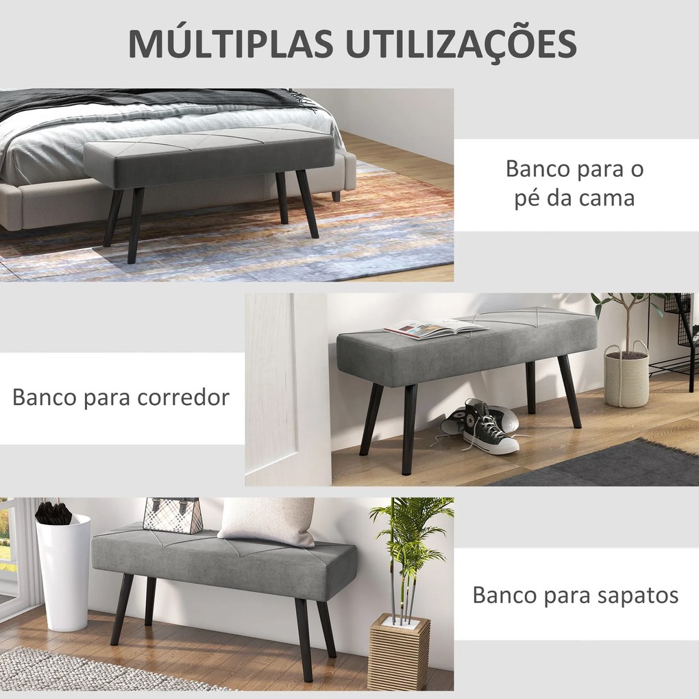 Banco de Pé de Cama Multifuncional e Moderno Banco de Dormitório com Pés de Aço e Assento Acolchoado 100x36x45 cm Cinza