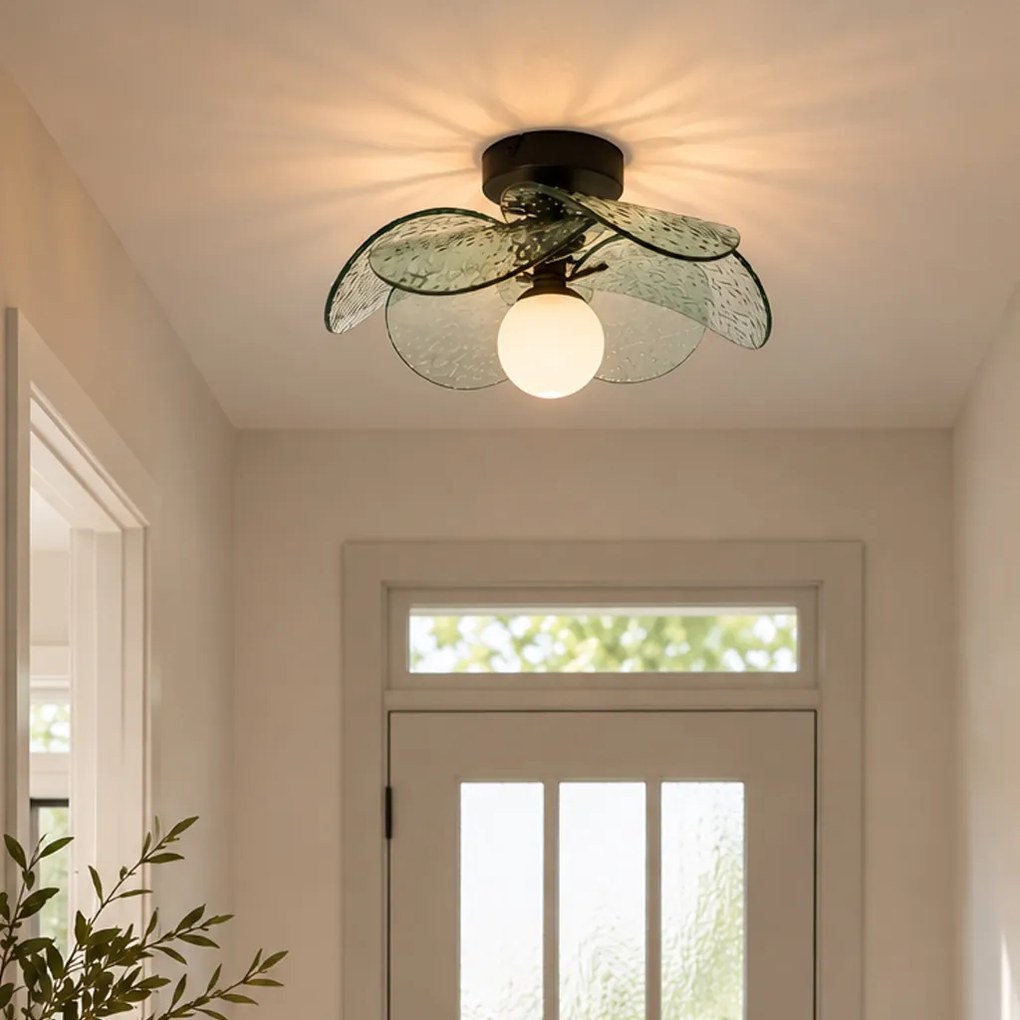 Candeeiro de Teto de Design Preto com Vidro Canelado Verde - Kemner