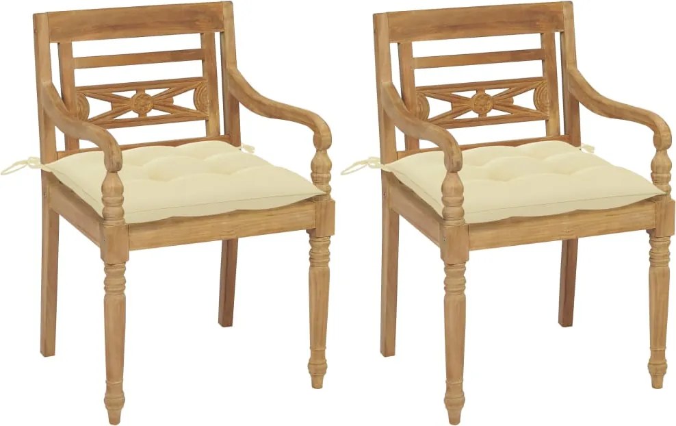 vidaXL Cadeiras Batávia c/ almofadões branco nata 2 pcs teca maciça